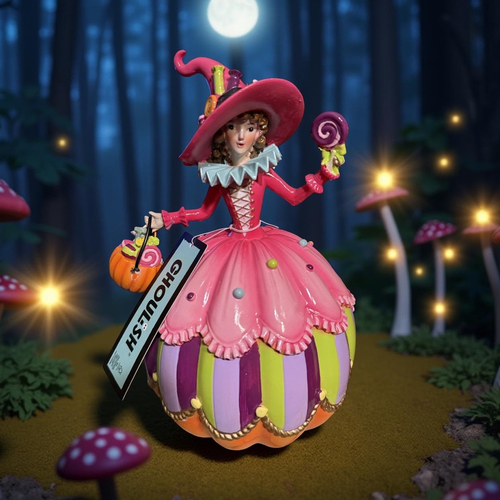 Ghoulish NWT Whimsical Colorful Pink Purple Green Pumpkin Fairy Witch Figurine